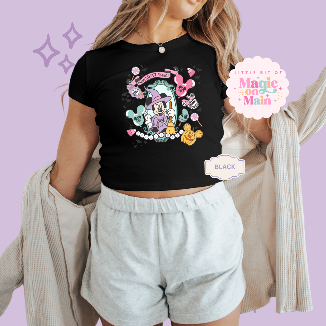 PRINTED NEON HALLOWEEN MINNIE - WOMENS CROPPED RIBBED BABY TEE