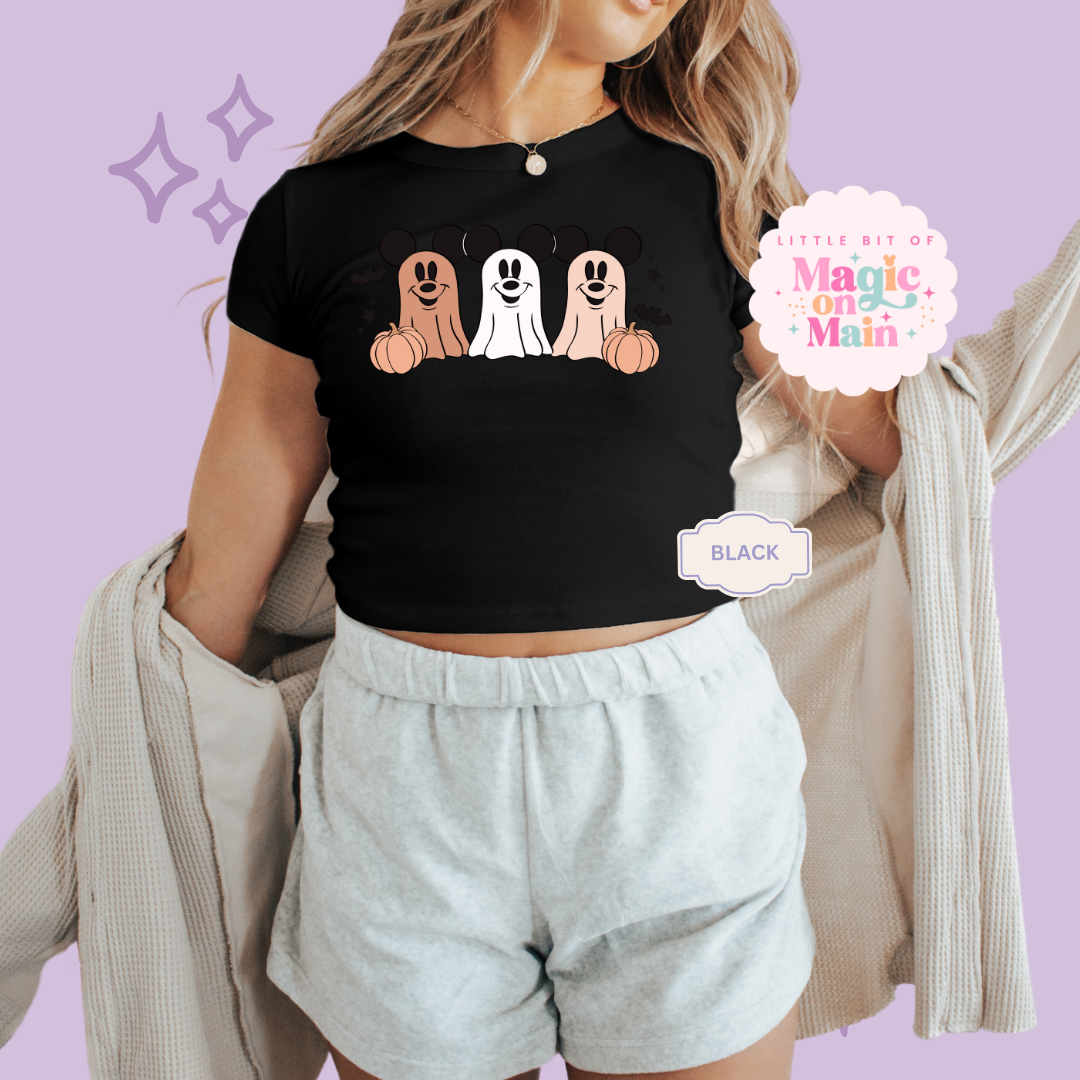 PRINTED 3 MICKEY GHOSTS  - WOMENS CROPPED RIBBED BABY TEE