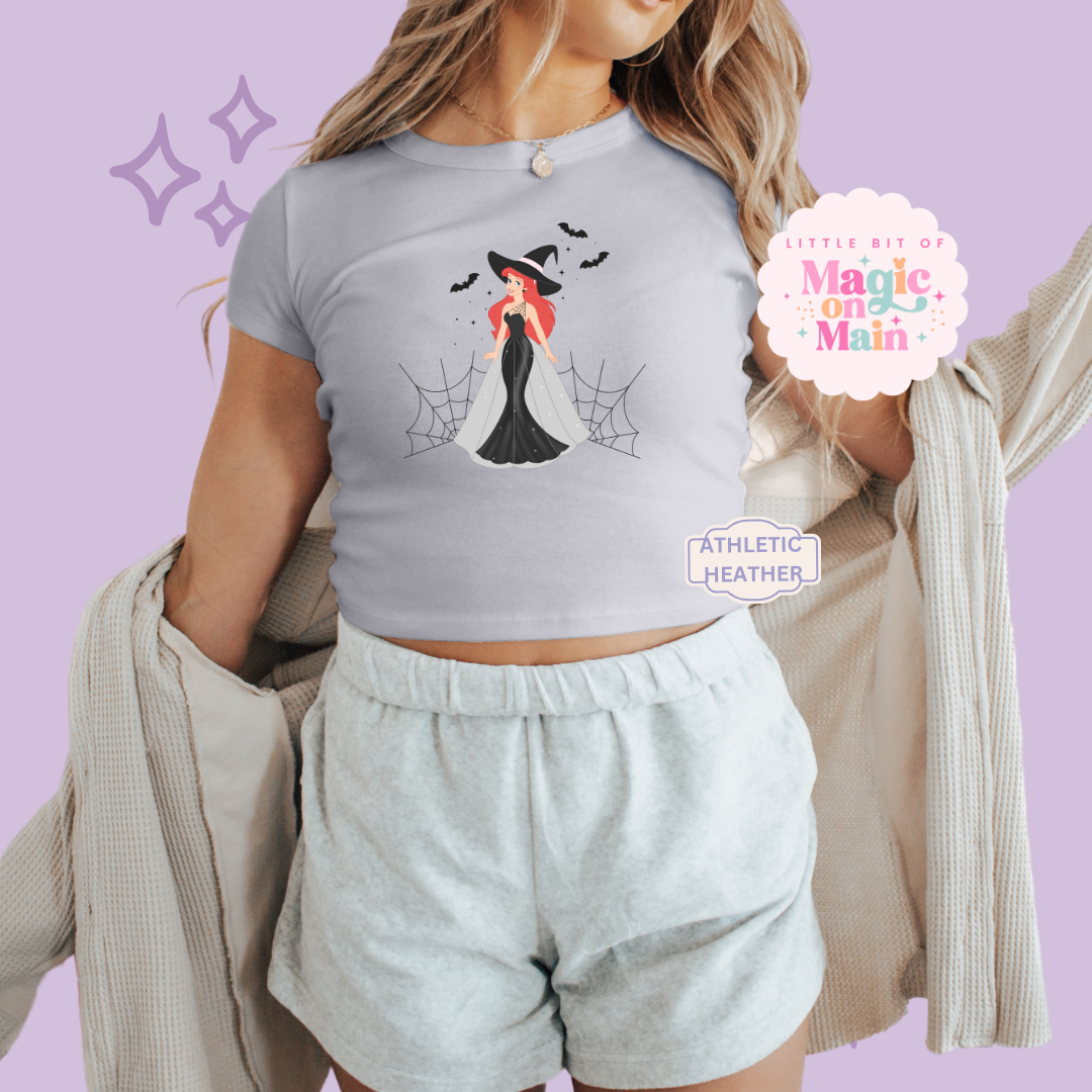 PRINTED SPOOKY ARIEL - WOMENS CROPPED RIBBED BABY TEE