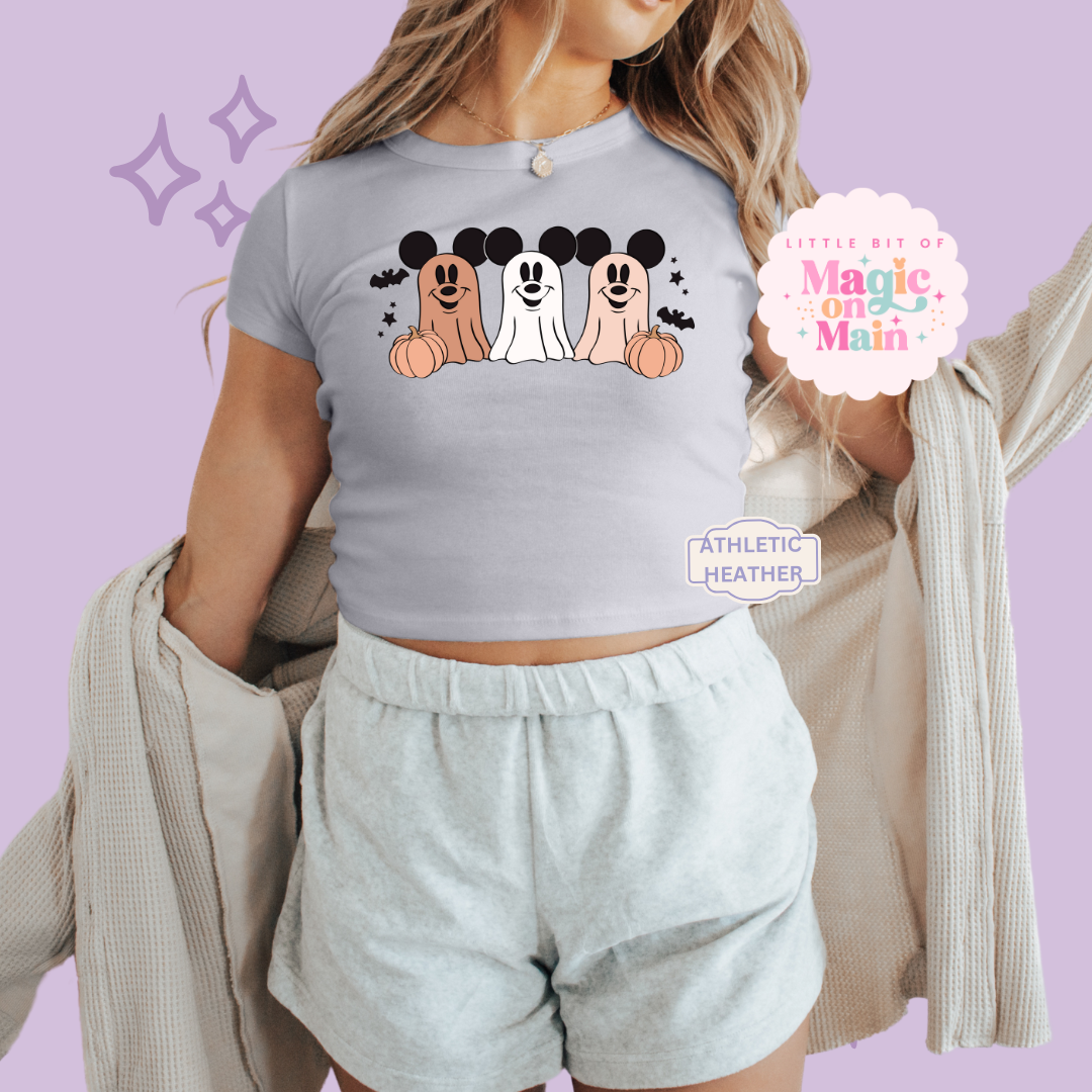 PRINTED 3 MICKEY GHOSTS  - WOMENS CROPPED RIBBED BABY TEE
