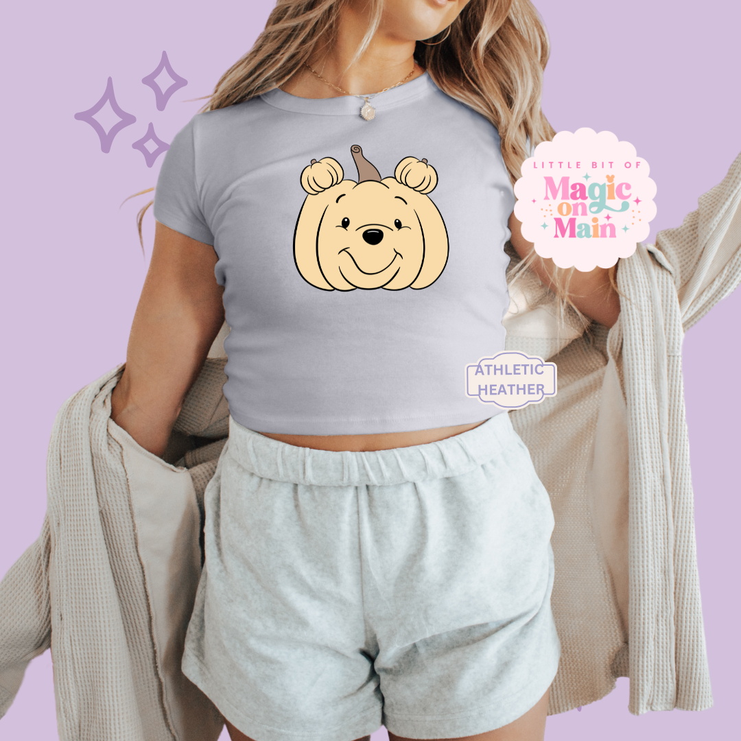 PRINTED POOH PUMPKIN - WOMENS CROPPED RIBBED BABY TEE