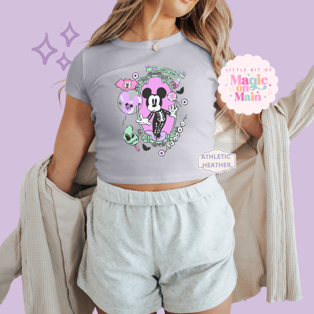 PRINTED NEON HALLOWEEN MICKEY - WOMENS CROPPED RIBBED BABY TEE