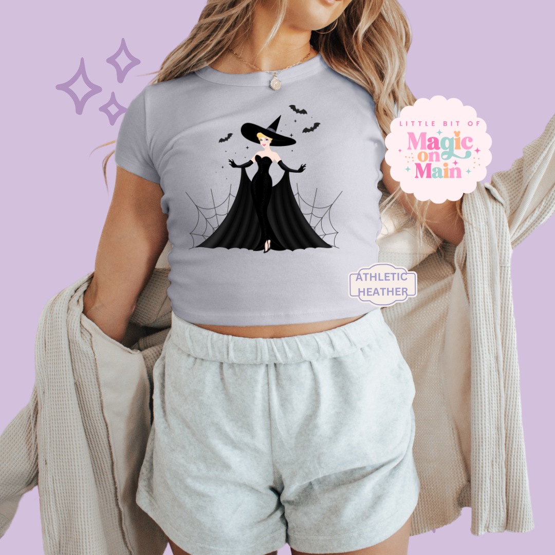 PRINTED SPOOKY CINDY - WOMENS CROPPED RIBBED BABY TEE