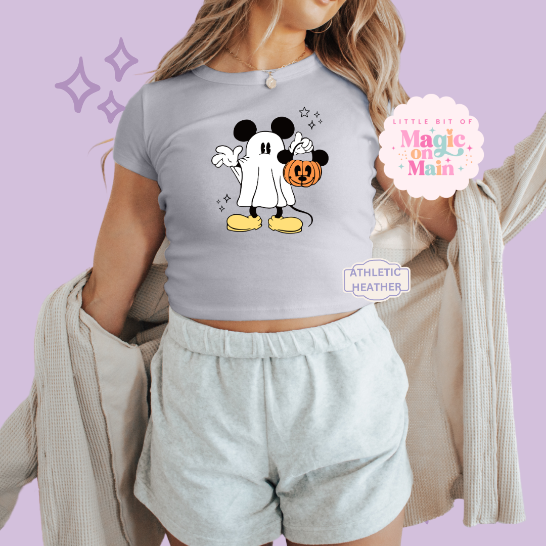 PRINTED MICKEY GHOST - WOMENS CROPPED RIBBED BABY TEE