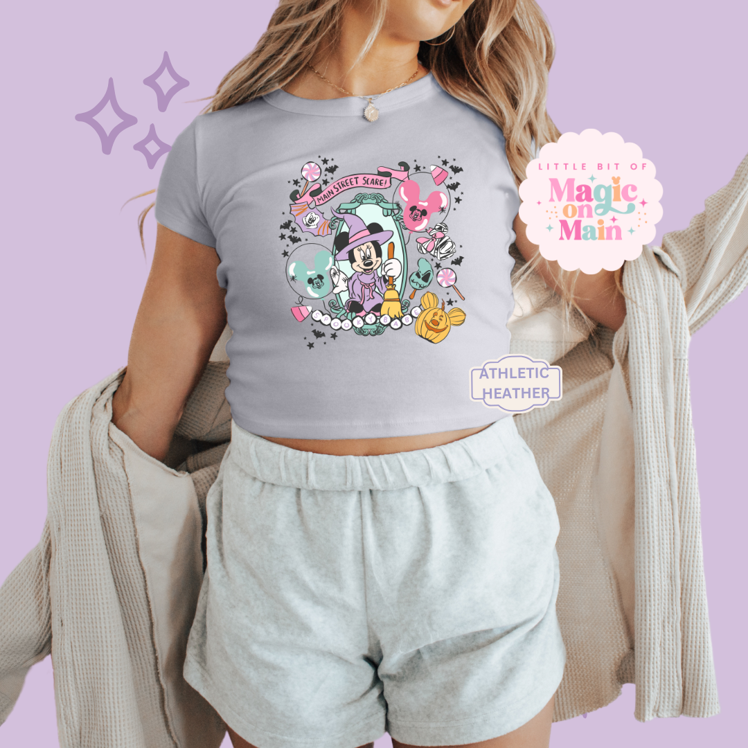 PRINTED NEON HALLOWEEN MINNIE - WOMENS CROPPED RIBBED BABY TEE