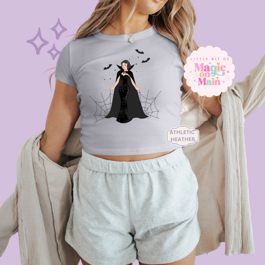 PRINTED SPOOKY SNOW WHITE - WOMENS CROPPED RIBBED BABY TEE