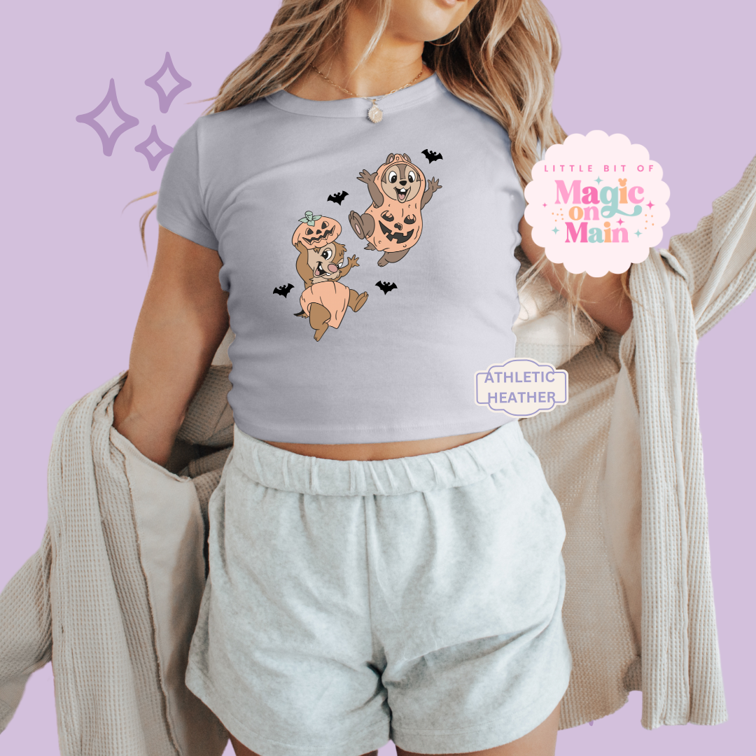 PRINTED HALLOWEEN CHIPMUNKS - WOMENS CROPPED RIBBED BABY TEE