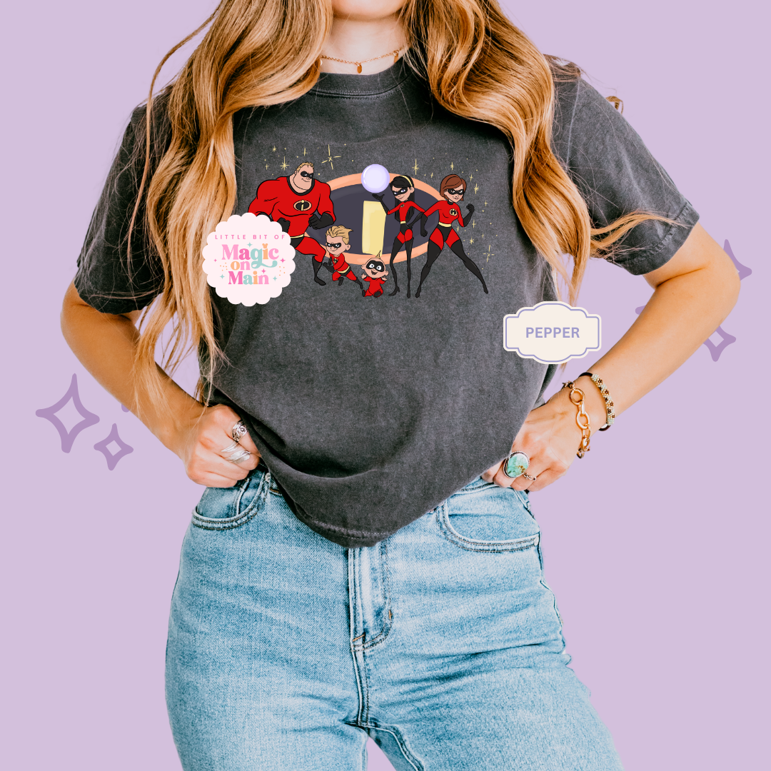 PRINTED SUPER HERO FAMILY W/SPARKLE - EXCLUSIVE TO MoM- WOMENS BOXY T-SHIRT