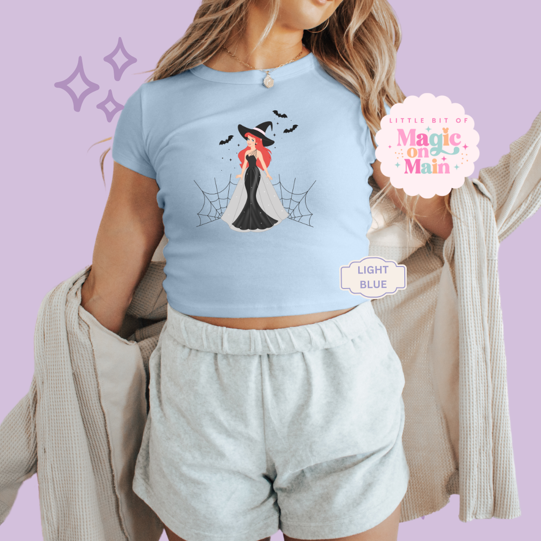 PRINTED SPOOKY ARIEL - WOMENS CROPPED RIBBED BABY TEE