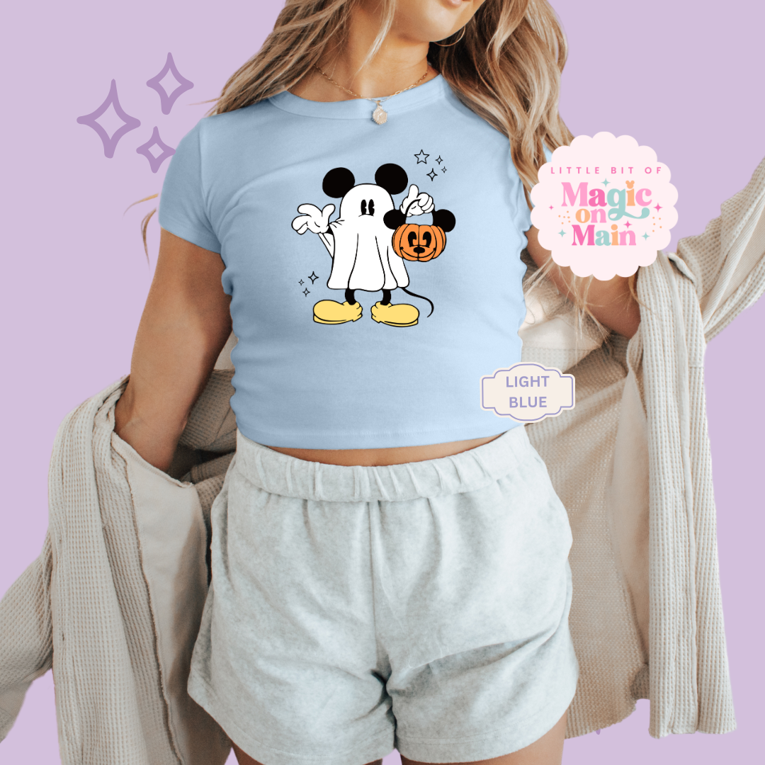 PRINTED MICKEY GHOST - WOMENS CROPPED RIBBED BABY TEE