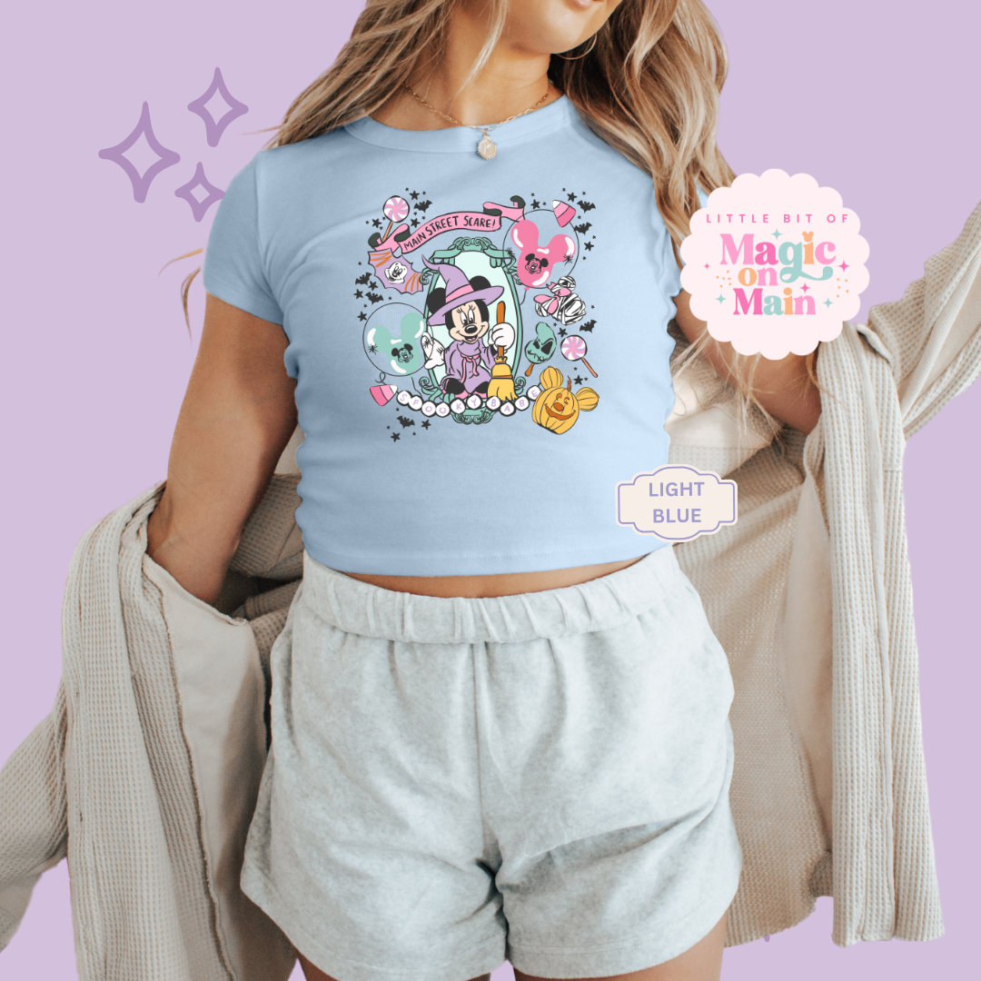 PRINTED NEON HALLOWEEN MINNIE - WOMENS CROPPED RIBBED BABY TEE