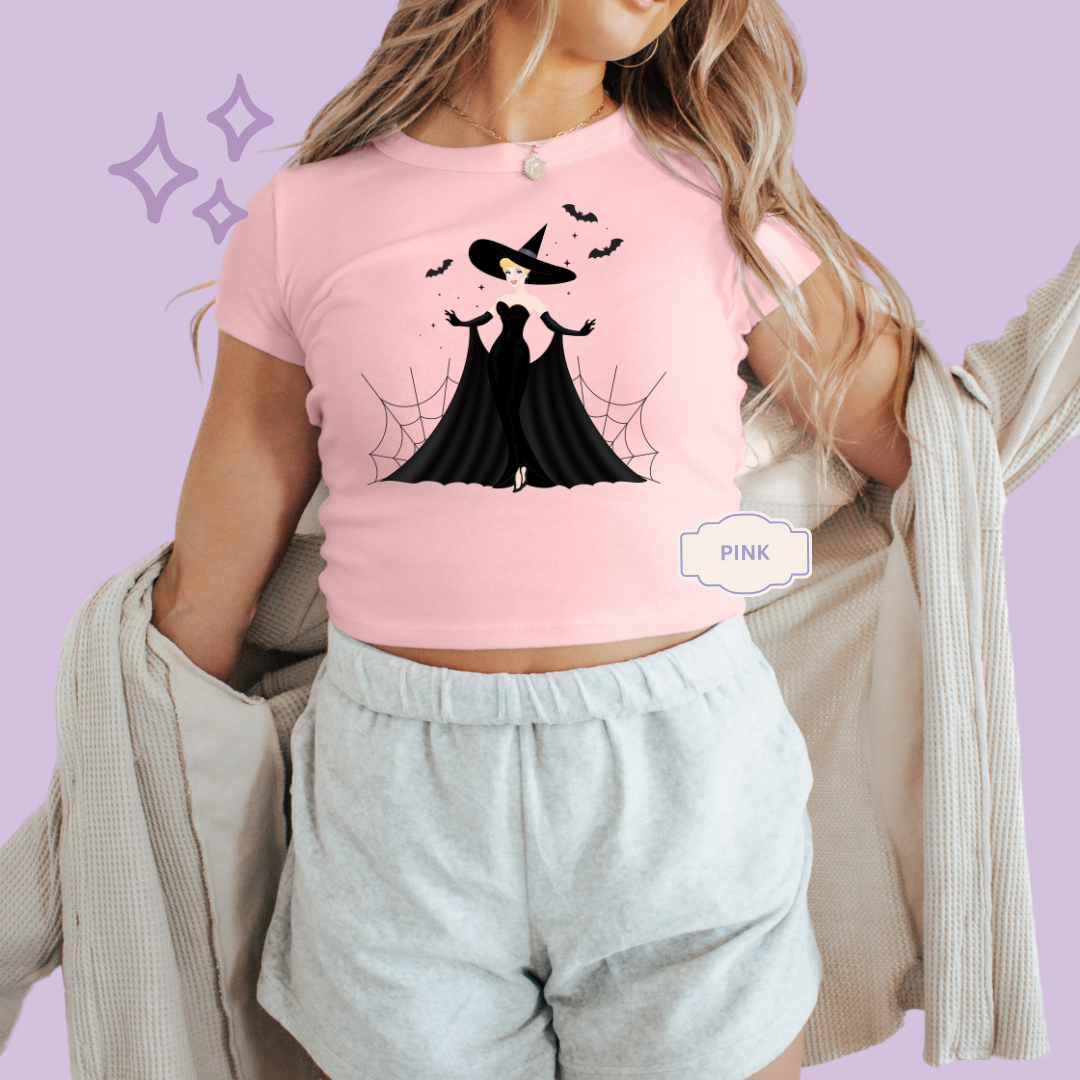 PRINTED SPOOKY CINDY - WOMENS CROPPED RIBBED BABY TEE