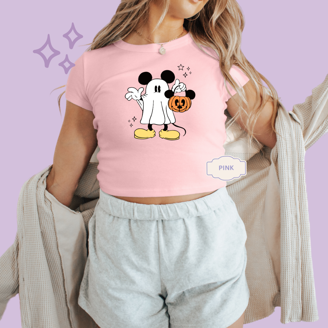 PRINTED MICKEY GHOST - WOMENS CROPPED RIBBED BABY TEE