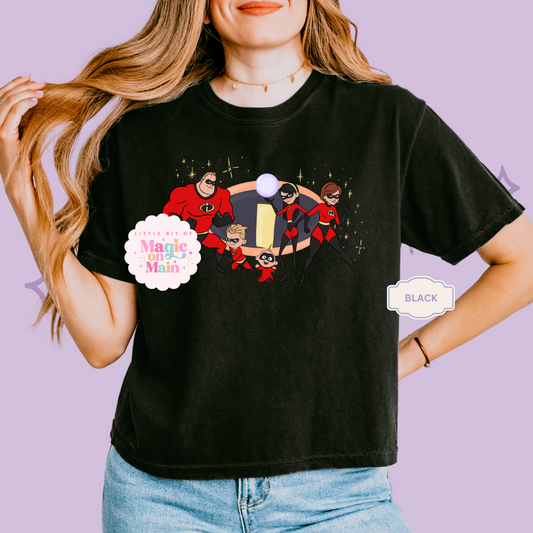 PRINTED SUPER HERO FAMILY W/SPARKLE - EXCLUSIVE TO MoM- WOMENS BOXY T-SHIRT