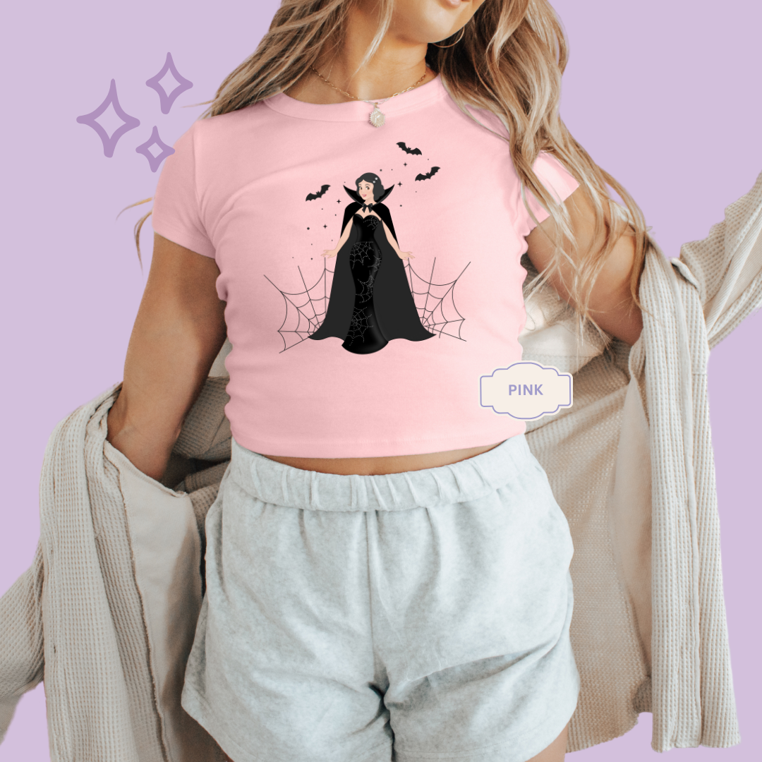 PRINTED SPOOKY SNOW WHITE - WOMENS CROPPED RIBBED BABY TEE