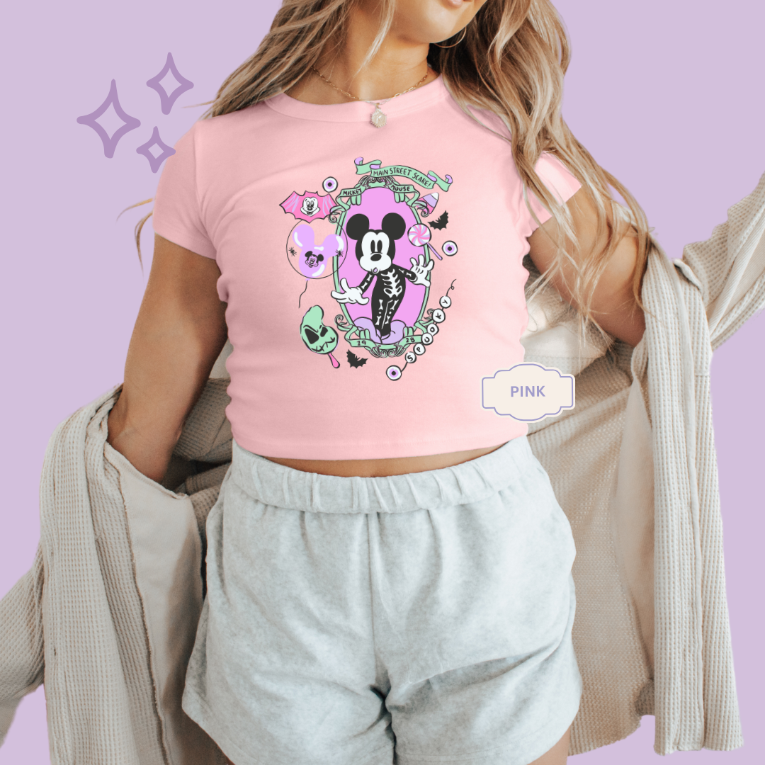 PRINTED NEON HALLOWEEN MICKEY - WOMENS CROPPED RIBBED BABY TEE