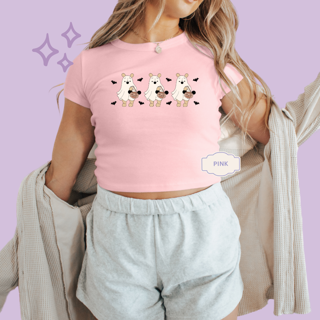 PRINTED SPOOKY POOH BEAR - WOMENS CROPPED RIBBED BABY TEE