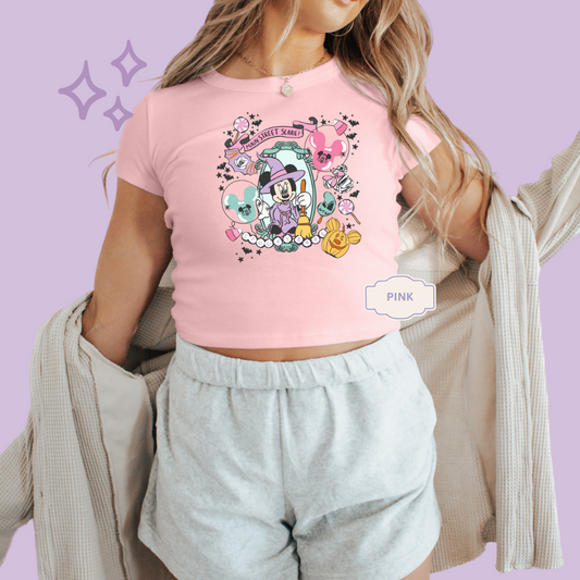 PRINTED NEON HALLOWEEN MINNIE - WOMENS CROPPED RIBBED BABY TEE