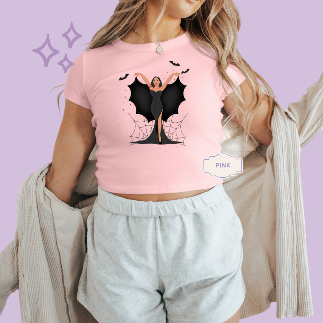 PRINTED SPOOKY POCAHONTAS - WOMENS CROPPED RIBBED BABY TEE