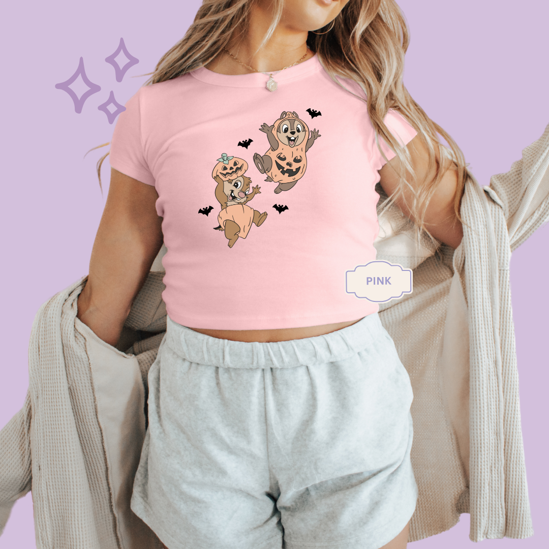PRINTED HALLOWEEN CHIPMUNKS - WOMENS CROPPED RIBBED BABY TEE