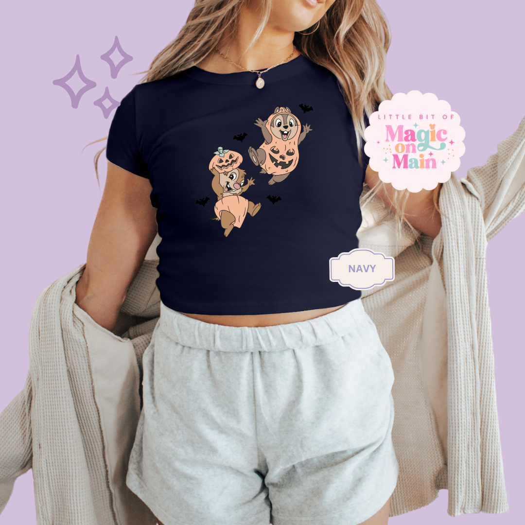 PRINTED HALLOWEEN CHIPMUNKS - WOMENS CROPPED RIBBED BABY TEE