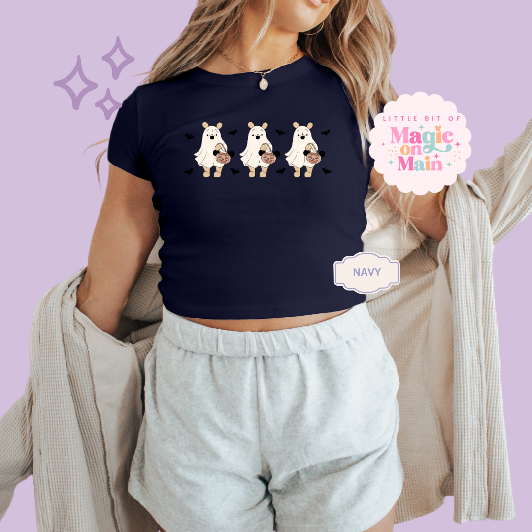 PRINTED SPOOKY POOH BEAR - WOMENS CROPPED RIBBED BABY TEE