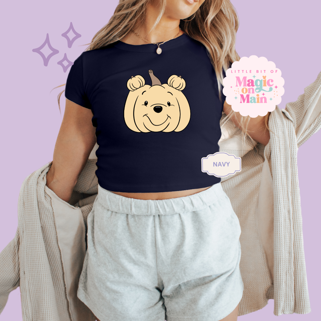 PRINTED POOH PUMPKIN - WOMENS CROPPED RIBBED BABY TEE