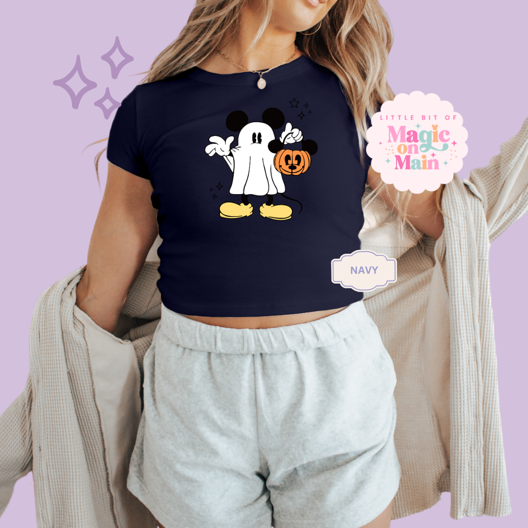 PRINTED MICKEY GHOST - WOMENS CROPPED RIBBED BABY TEE