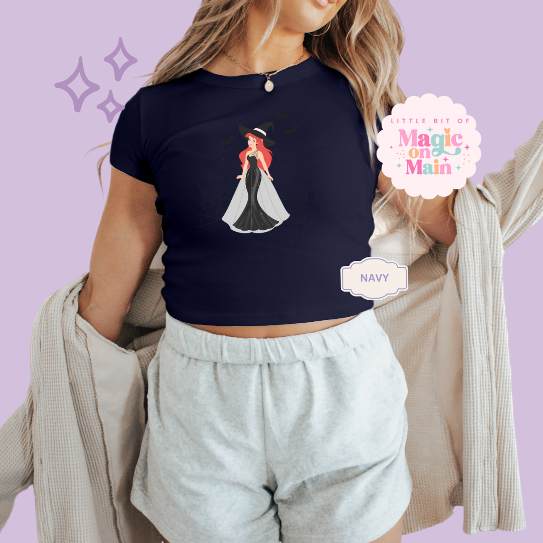 PRINTED SPOOKY ARIEL - WOMENS CROPPED RIBBED BABY TEE