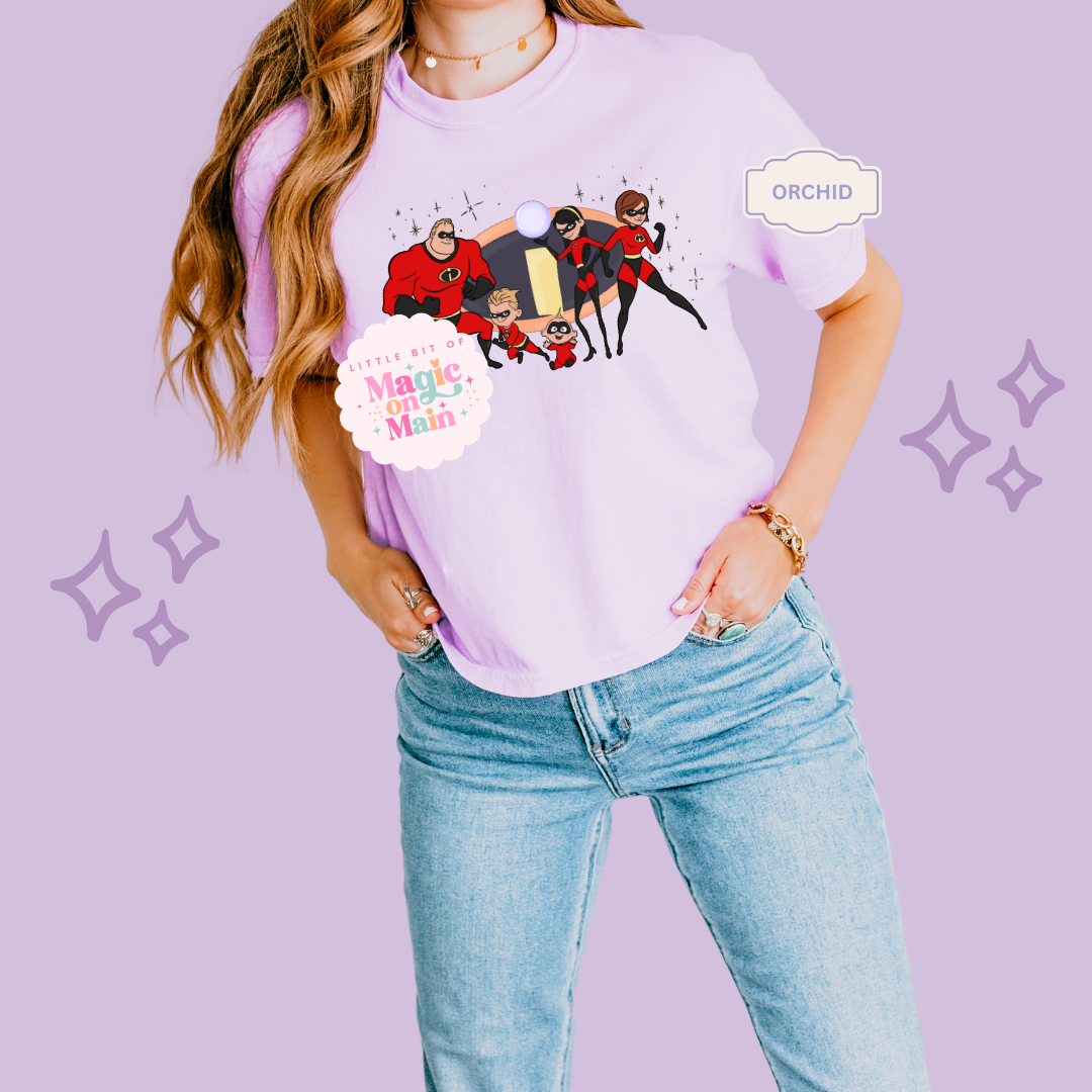 PRINTED SUPER HERO FAMILY W/SPARKLE - EXCLUSIVE TO MoM- WOMENS BOXY T-SHIRT
