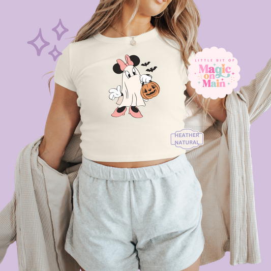 PRINTED GHOST MINNIE - WOMENS CROPPED RIBBED BABY TEE