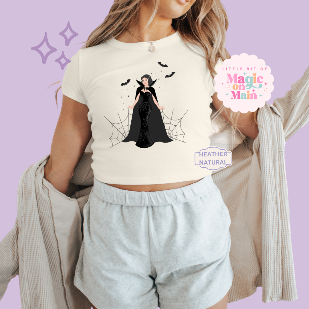 PRINTED SPOOKY SNOW WHITE - WOMENS CROPPED RIBBED BABY TEE