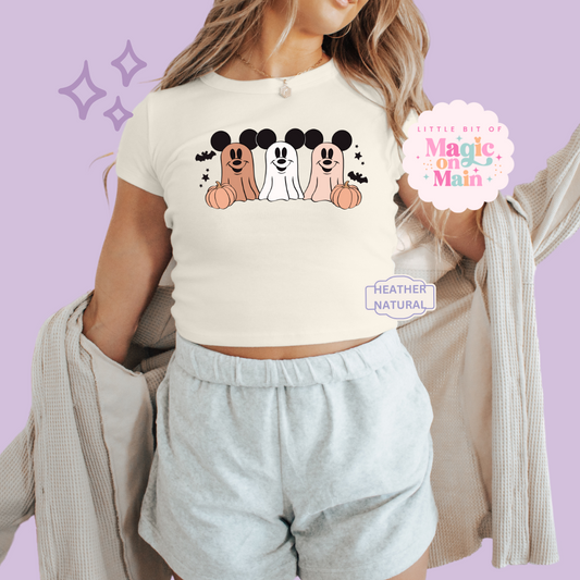 PRINTED 3 MICKEY GHOSTS  - WOMENS CROPPED RIBBED BABY TEE
