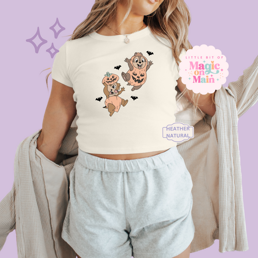 PRINTED HALLOWEEN CHIPMUNKS - WOMENS CROPPED RIBBED BABY TEE