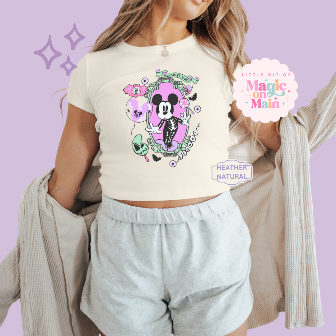 PRINTED NEON HALLOWEEN MICKEY - WOMENS CROPPED RIBBED BABY TEE