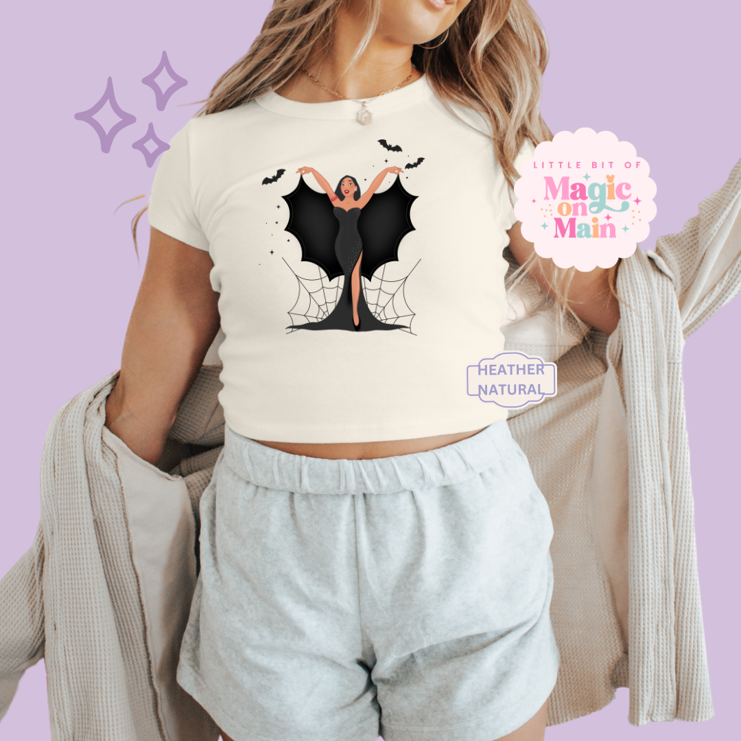 PRINTED SPOOKY POCAHONTAS - WOMENS CROPPED RIBBED BABY TEE