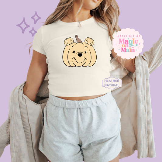 PRINTED POOH PUMPKIN - WOMENS CROPPED RIBBED BABY TEE