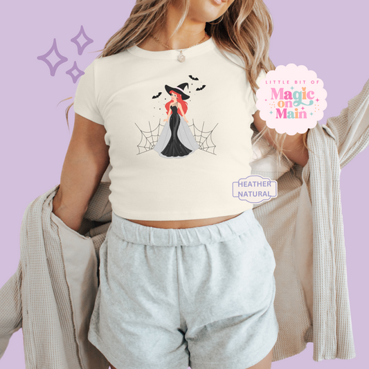 PRINTED SPOOKY ARIEL - WOMENS CROPPED RIBBED BABY TEE