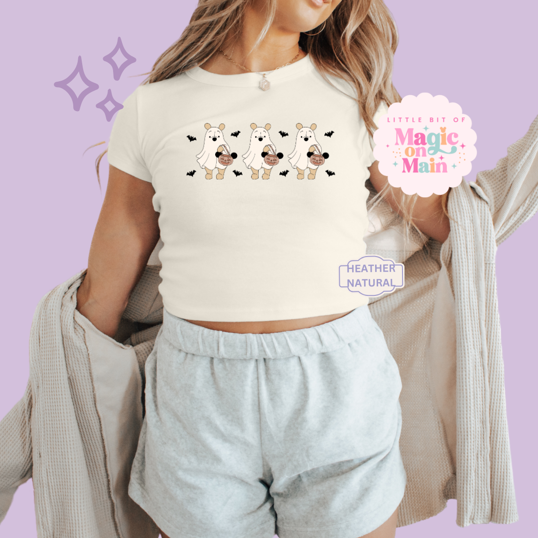 PRINTED SPOOKY POOH BEAR - WOMENS CROPPED RIBBED BABY TEE