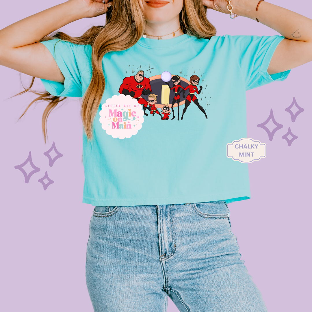 PRINTED SUPER HERO FAMILY W/SPARKLE - EXCLUSIVE TO MoM- WOMENS BOXY T-SHIRT