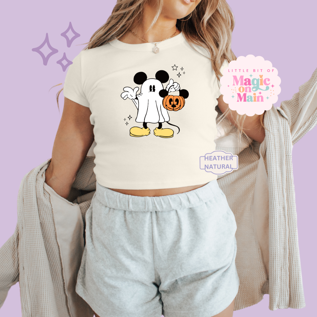 PRINTED MICKEY GHOST - WOMENS CROPPED RIBBED BABY TEE