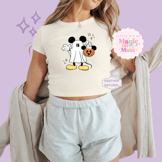 PRINTED MICKEY GHOST - WOMENS CROPPED RIBBED BABY TEE