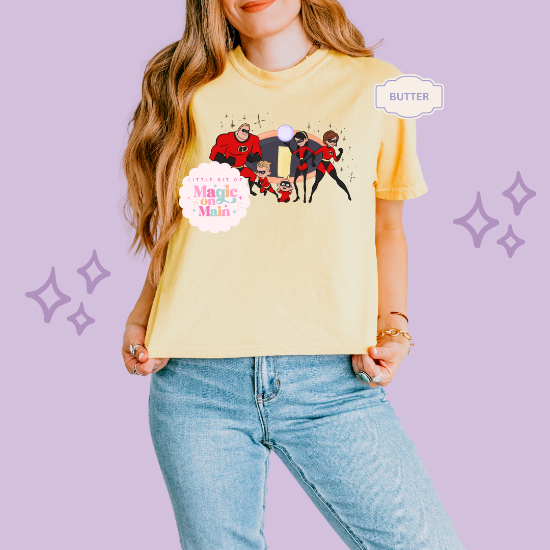 PRINTED SUPER HERO FAMILY W/SPARKLE - EXCLUSIVE TO MoM- WOMENS BOXY T-SHIRT