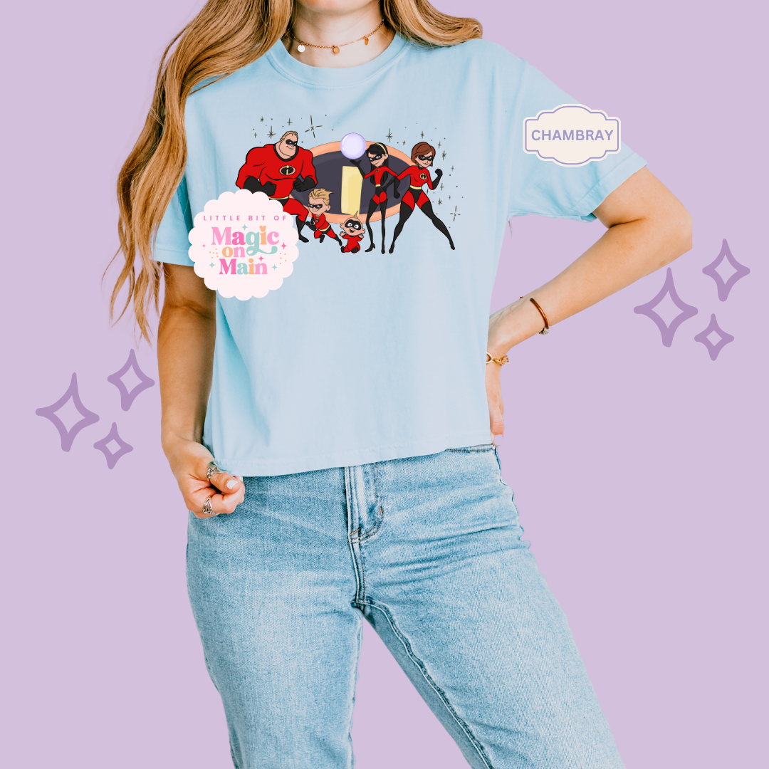 PRINTED SUPER HERO FAMILY W/SPARKLE - EXCLUSIVE TO MoM- WOMENS BOXY T-SHIRT