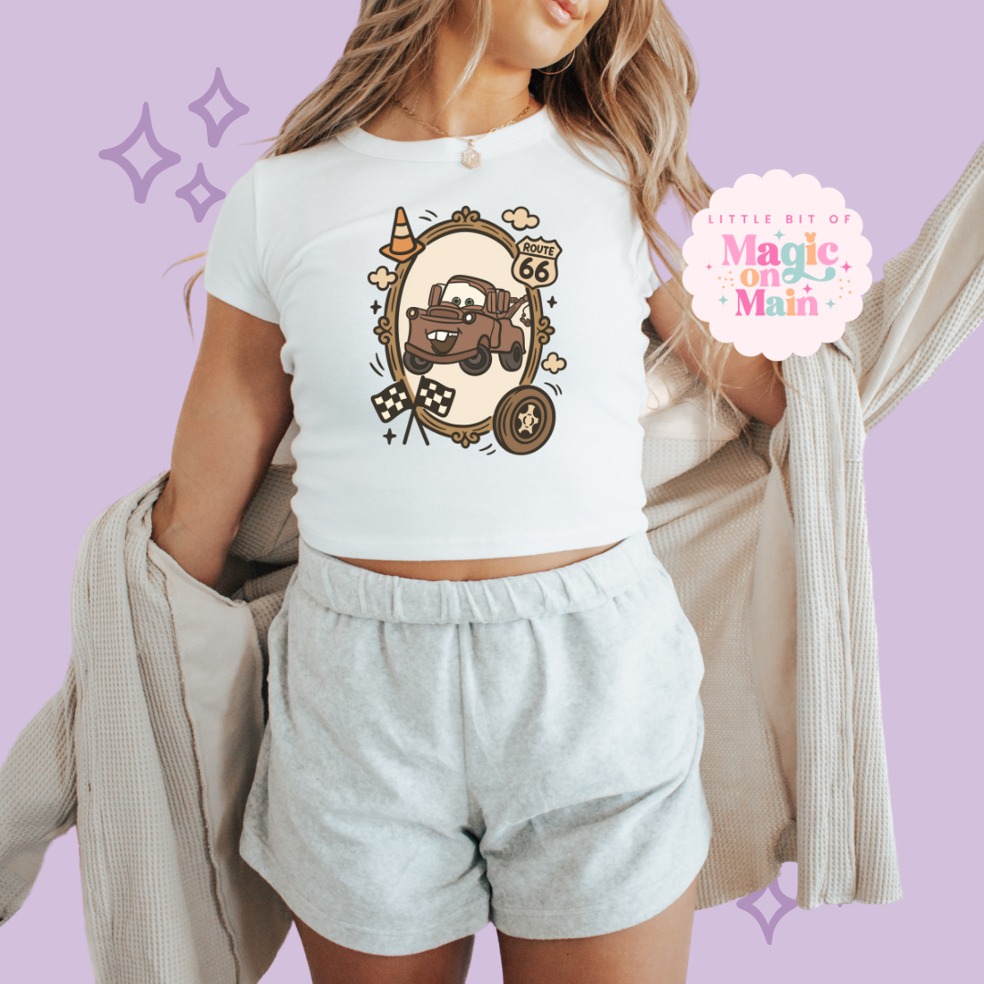 PRINTED RUSTY TRUCK COQUETTE  - WOMENS CROPPED RIBBED BABY TEE
