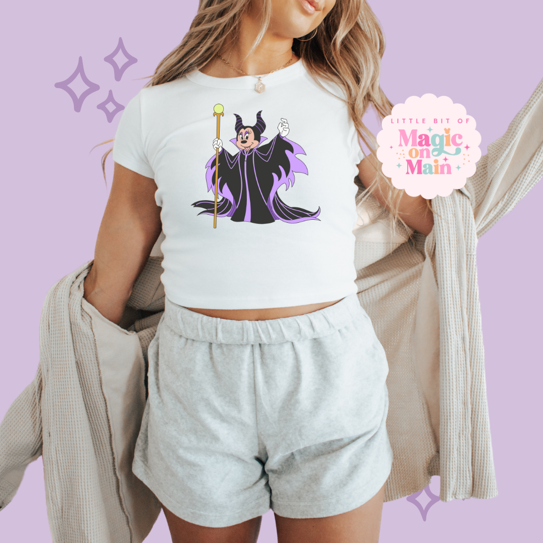 PRINTED MALEFICENT MINNIE - WOMENS CROPPED RIBBED BABY TEE