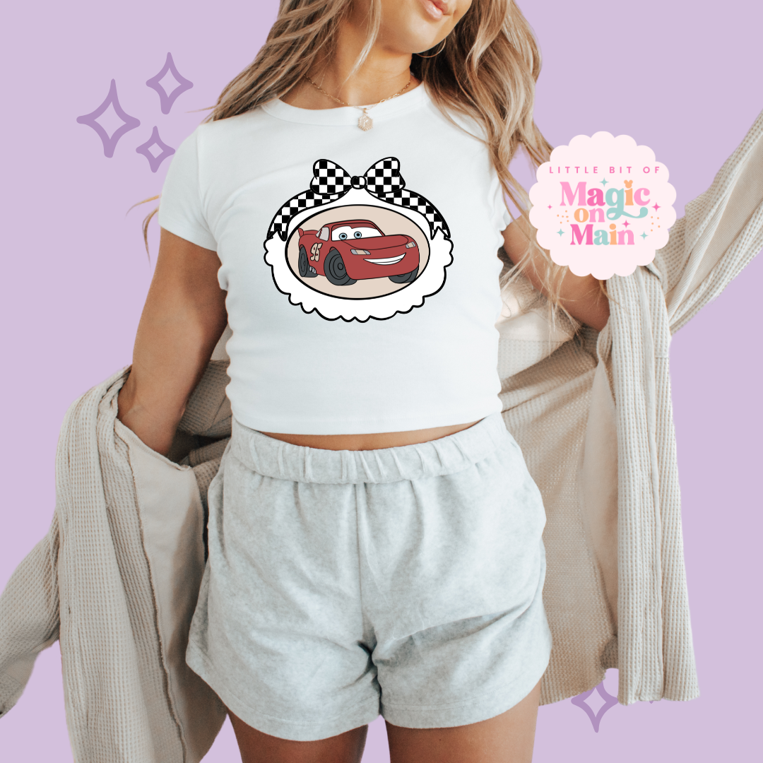 PRINTED RED CAR COQUETTE  - WOMENS CROPPED RIBBED BABY TEE