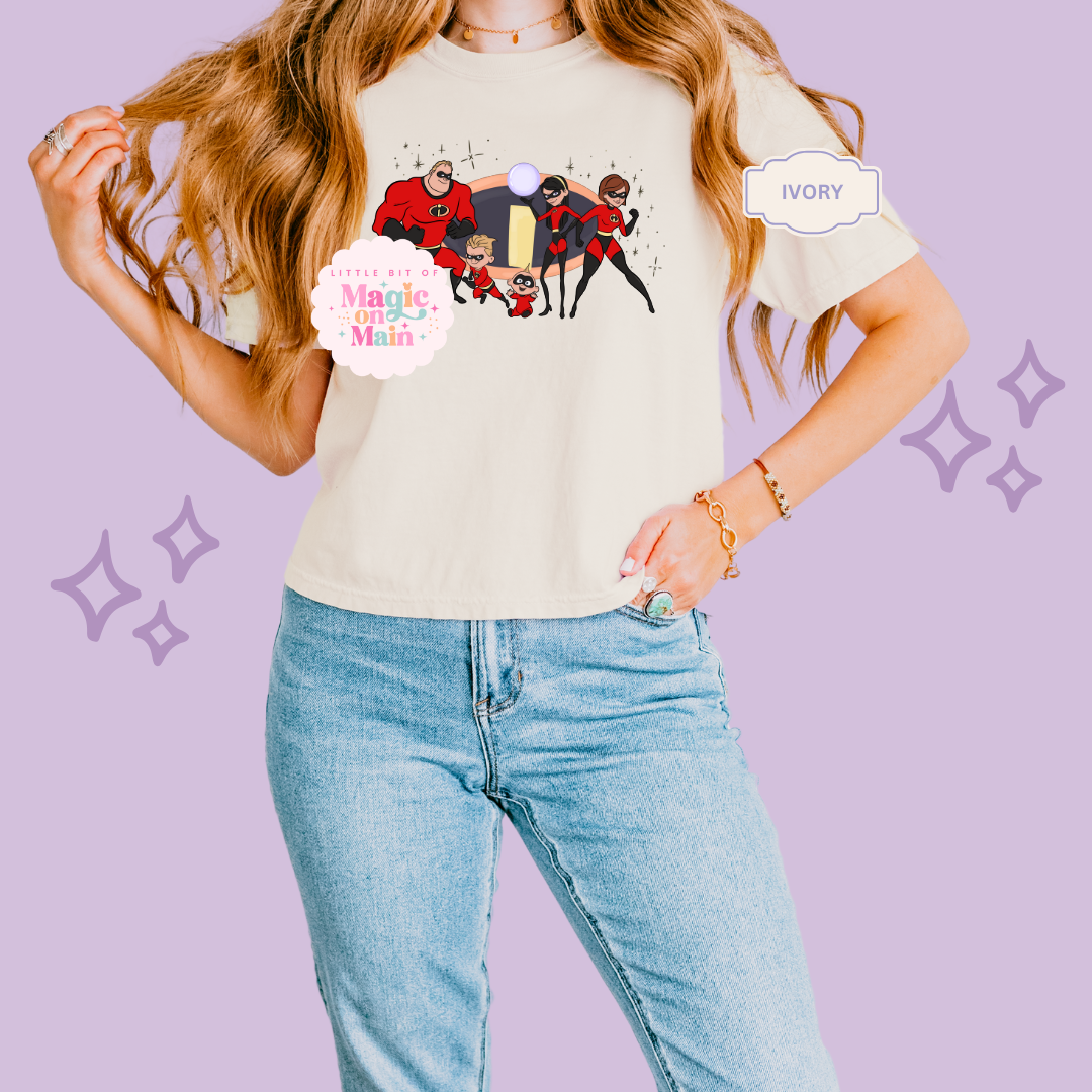 PRINTED SUPER HERO FAMILY W/SPARKLE - EXCLUSIVE TO MoM- WOMENS BOXY T-SHIRT