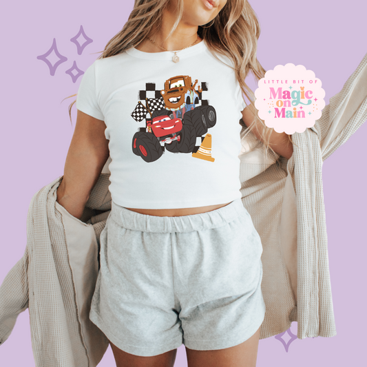 PRINTED CAR FRIENDS - WOMENS CROPPED RIBBED BABY TEE
