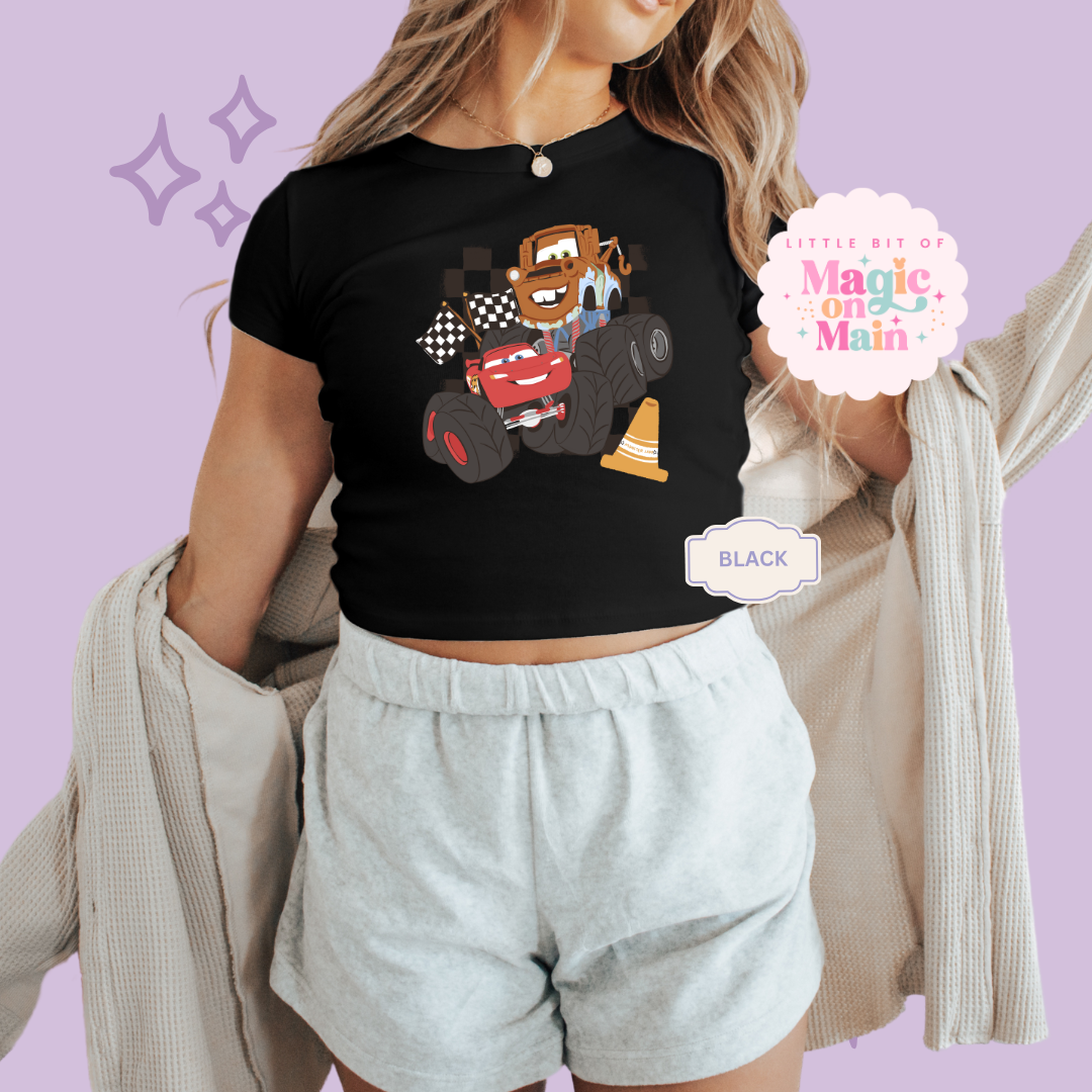 PRINTED CAR FRIENDS - WOMENS CROPPED RIBBED BABY TEE